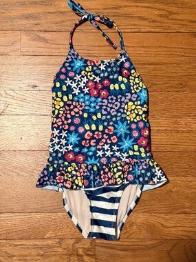 Tea Collection Floral Stripe Peplum One-Piece Swimsuit - Girls Size 5T